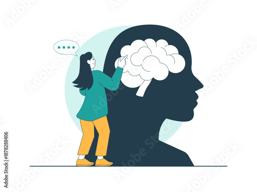 Woman person interacting with a representation of a brain inside a silhouette of a head. Brainstorming illustration. Flat vector concept.