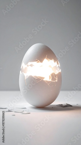 A large white egg cracks open with bright light emanating