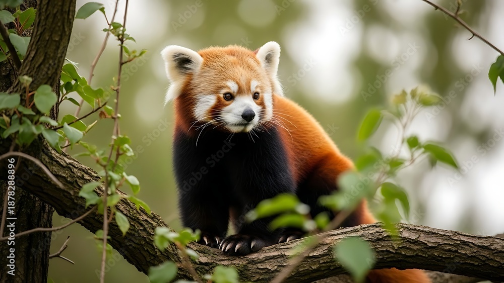 Fototapeta premium Red panda sitting on a tree branch