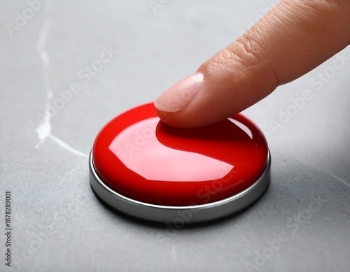 A finger pressing a shiny red button