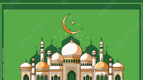 A mosque with domes and minarets under a crescent moon