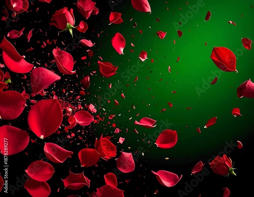 A dark green background with scattered red rose petals