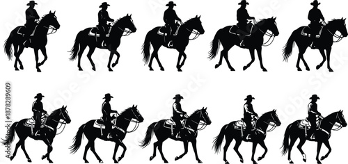 Collection of black silhouettes featuring cowboys wearing hats riding horses in various walking and trotting poses isolated on white background for western design