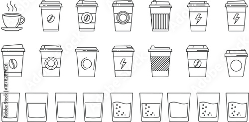 Large collection of outline icons featuring takeaway coffee cups with lids caffeine symbols and various beverage glasses isolated on a white background for cafe design