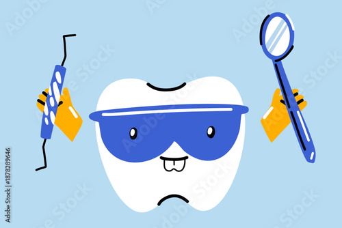 A happy tooth character in a protective mask with a dental mirror and a dental probe in his hands, a funny dentist tooth