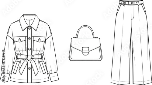 Technical fashion illustration set featuring a belted utility jacket with pockets a classic top handle handbag and high waisted wide leg trousers with belt
