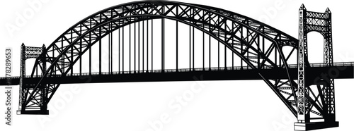 Black silhouette of a large steel arch bridge with intricate truss details and support towers isolated on white background for engineering and urban design