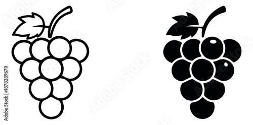 Minimalist grapes icon set featuring a bunch with a stem and leaf for food and drink applications