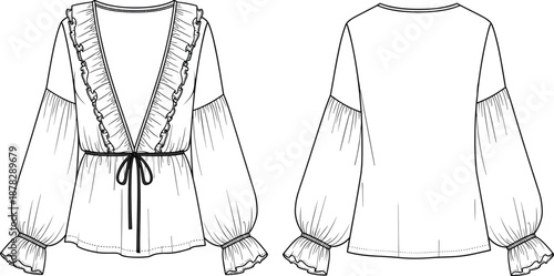 Technical fashion illustration of a women's peasant blouse with deep V-neckline ruffled trim drawstring waist and billowy lantern sleeves front and back views