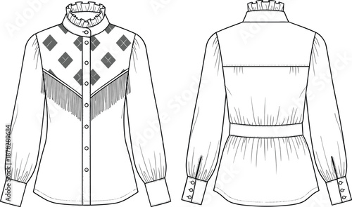 Technical fashion illustration of a long sleeve western blouse with ruffled collar diamond pattern yoke fringe detail and button cuffs front and back views