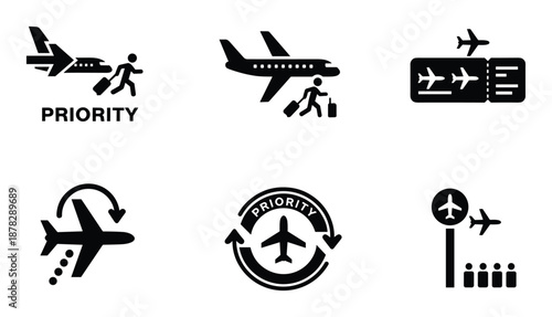 Airplane document access validation on airport custom control with checklist globe vector glyph icon
