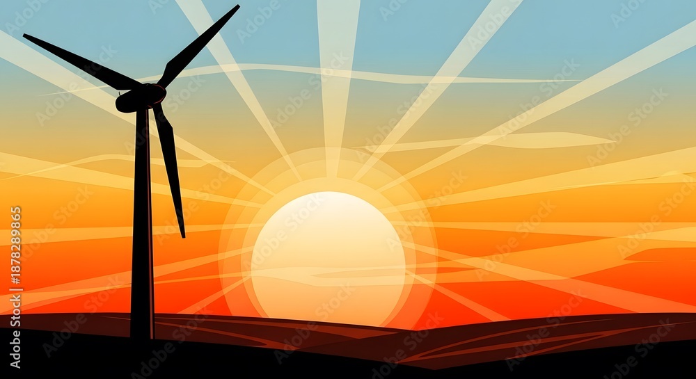 Obraz premium silhouette of wind turbine against a vibrant sunset sky with radiating sun beams, symbolizing renewable energy and sustainable future in a scenic landscape
