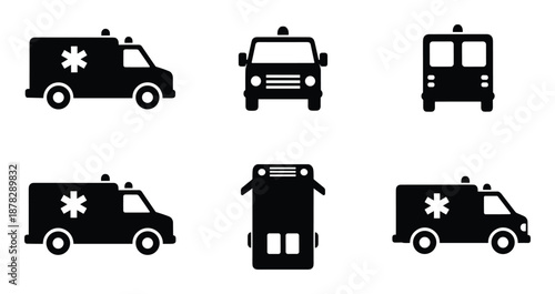 Ambulance car vector illustration set different side front top views for medical service