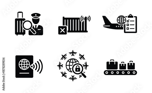 Airport security luggage control check and passport validation custom inspection black glyph vector icon