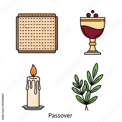 A Passover-themed image with matzo, wine, candle, and olive branch