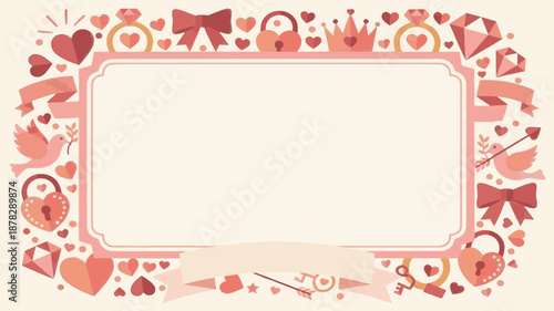 Valentine's Day frame background with romantic hearts, doves, rings and decorative elements
