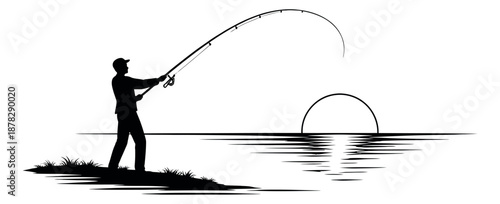 Silhouette graphic illustration of a fisherman depicting fishing at sunset for outdoor recreation concepts