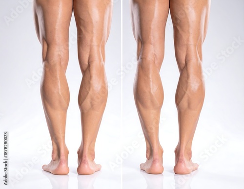 A muscular person's legs with defined calf and thigh muscles on a white background