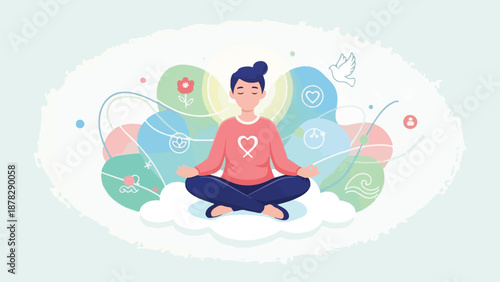 A person meditates on a cloud surrounded by colorful symbols