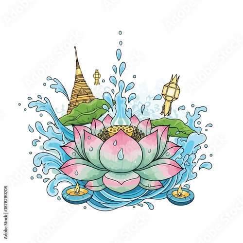 A pink and green lotus flower with water splashes and a pagoda