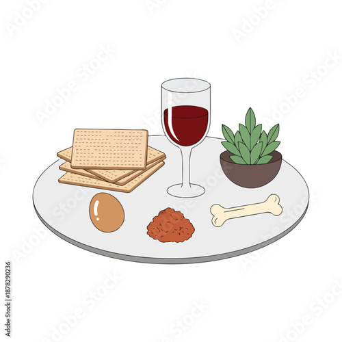 A plate with wine, crackers, plant, bone, and foods