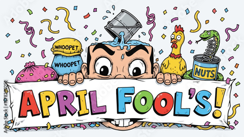 A playful cartoon illustration of April Fool's Day