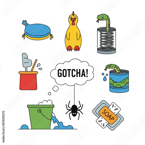 A playful cartoon illustration of various bathroom items and animals