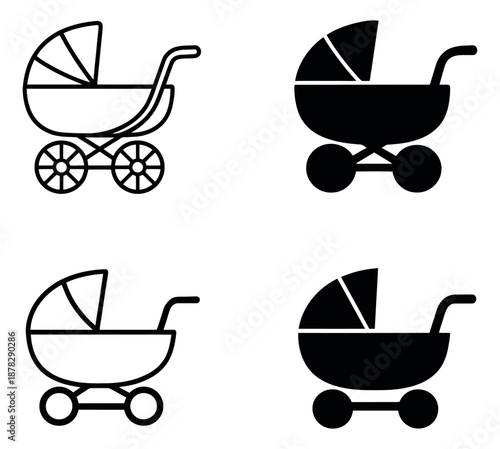 Icon set of baby prams and strollers featuring line art and solid fill designs for childcare and parenting themes