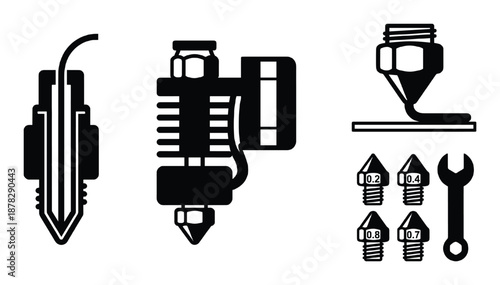 Diagram 3d printer parts component vector icon illustration in black and white simple design