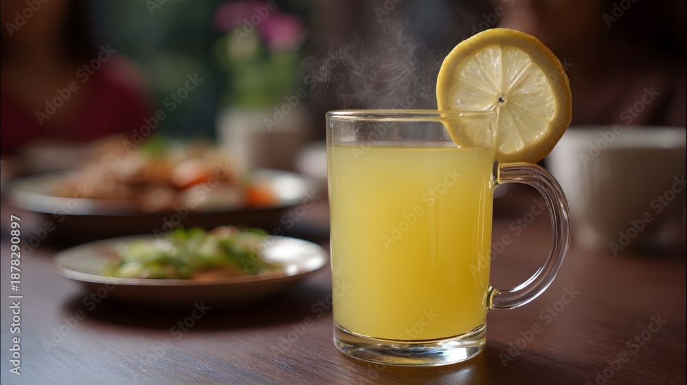 Fototapeta premium A steaming hot lemon drink in a glass mug with a lemon slice garnish set on a wooden table with blurred food in the background