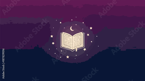 A purple background with a book, stars, and a crescent moon