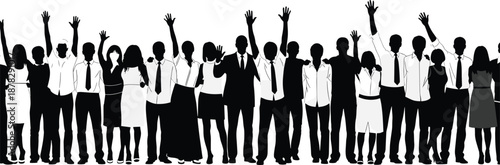 Vector Illustration of Diverse Business People Silhouettes Standing Together with Raised Hands Representing Success Community Teamwork and Corporate Unity Isolated on White Background