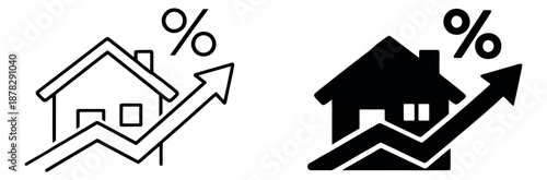 Financial icon set featuring a house with a percentage symbol and an upward arrow for real estate market trends