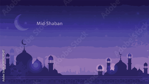 A purple mosque silhouette at dusk with crescent moon