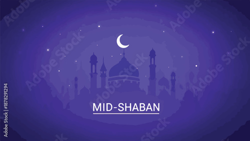A purple night scene with a mosque and crescent moon