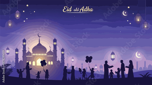 A purple-toned Eid al-Adha illustration with a lit mosque