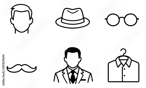 Line art men's fashion and avatar set featuring a head, hat, glasses, mustache, suit, and shirt for digital profiles and style representation