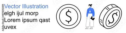 Finance, currency exchange, banking, economic growth, professional services, monetary value. Dollar symbols and a person holding documents. Finance and currency exchange