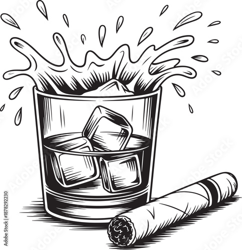 Black and white illustration of a whiskey glass with ice and a splashing liquid next to a cigar Keywords: whiskey, glass, ice, cubes, liquid, splash