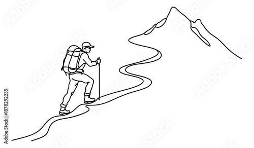 Line art illustration of a hiker depicting ascending a mountain for travel and exploration