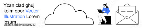 Cloud storage, remote work, digital communication, email services, online platforms, mobile technology. Person working on a laptop next to a cloud and an envelope icon. Cloud storage and remote work