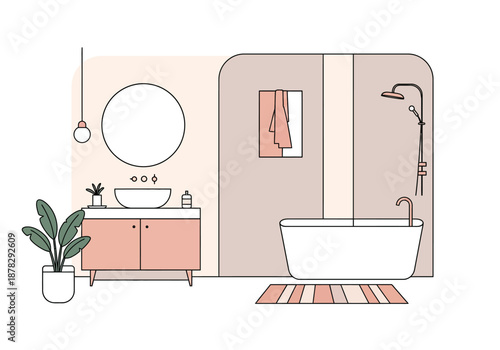 Modern minimalist bathroom interior with a freestanding bathtub stylish vanity and fresh plant.