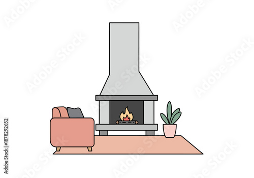 Cozy minimalist living room with a lit fireplace comfortable sofa and green houseplant.