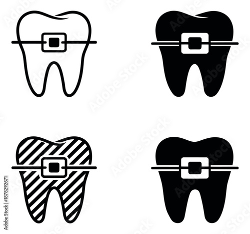 Graphic dental icon set featuring teeth with orthodontic braces for dental health