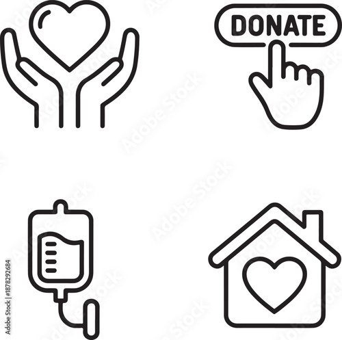 Four Line Art Icons Illustrating Charity and Healthcare Concepts Keywords: donate, donation, giving, charity, hands, heart, love, support, help