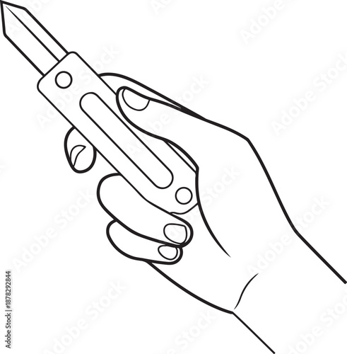 Hand holding an open switchblade knife in a line art illustration Keywords: hand, holding, knife, switchblade, blade, sharp, weapon, danger, security