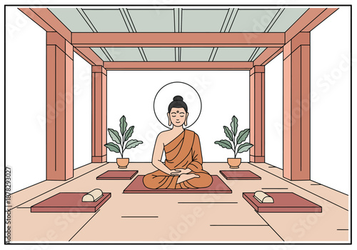 Serene Buddha Illustration Practicing Meditation in a Tranquil Spiritual Sanctuary.