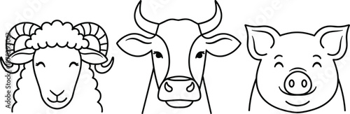 Hand drawn vector line art illustration of sheep cow and pig heads isolated on white background for farm animals organic butcher and livestock brand design