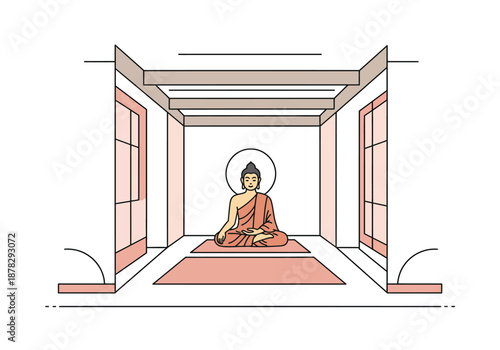 Simple illustration of Buddha meditating in a peaceful temple room embodying serenity and inner.