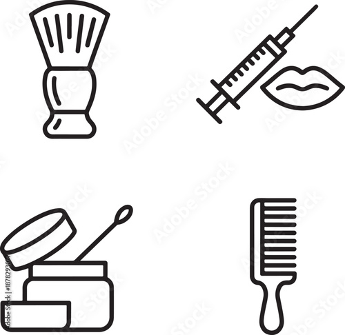 Icons for beauty treatments and personal grooming including a brush, syringe, lips, and comb Keywords: beauty treatments, personal grooming, makeup